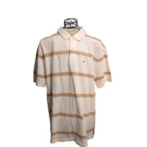 Tommy Hilfiger Mens Striped Polo Shirt Tan Cream Short Sleeve Pique Cotton XL